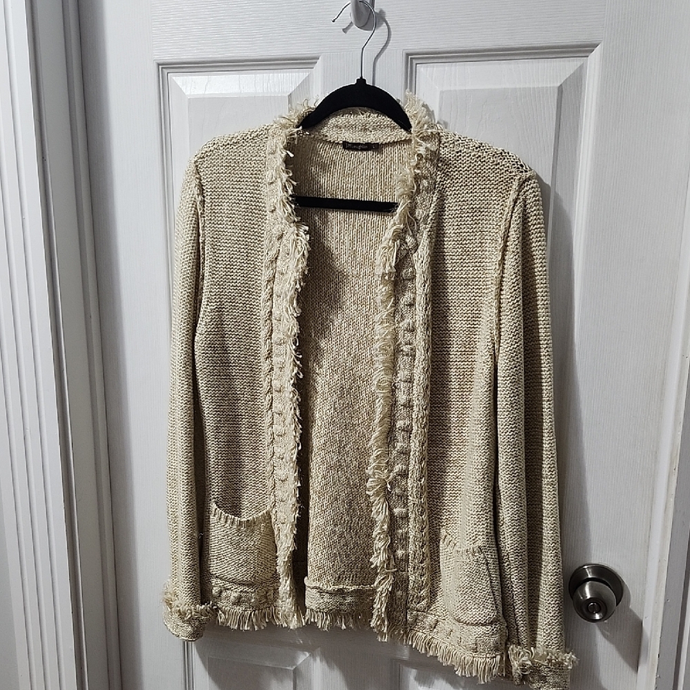 J.Mclaughlin Large Open Front Cardigan Sweater Cotton Blend Fringed